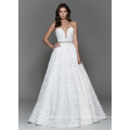 Ivory Textured Floral Strapless Deep Sweetheart Bodice with Illusion Net Wedding Dress with Low Scooped Back and Chapel Train